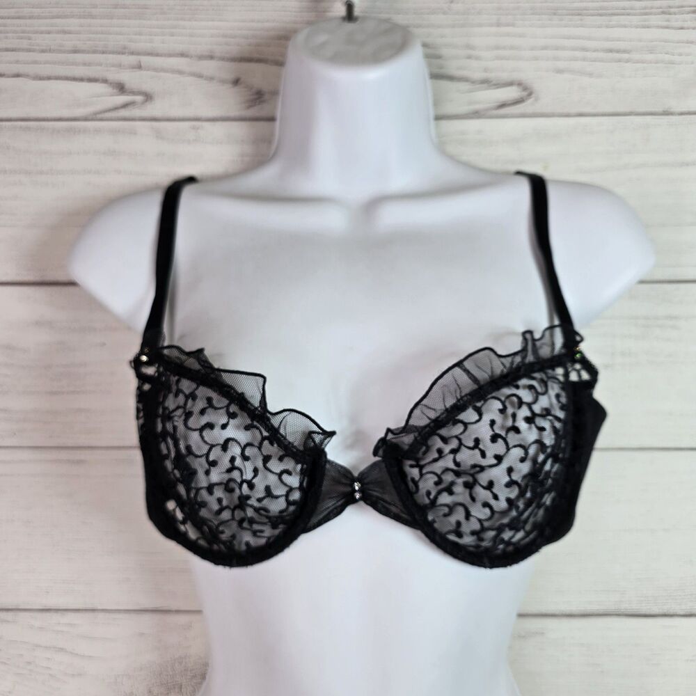 Pierre Balmain VINTAGE Sheer Lace Black Bra Sz 36 Made In France